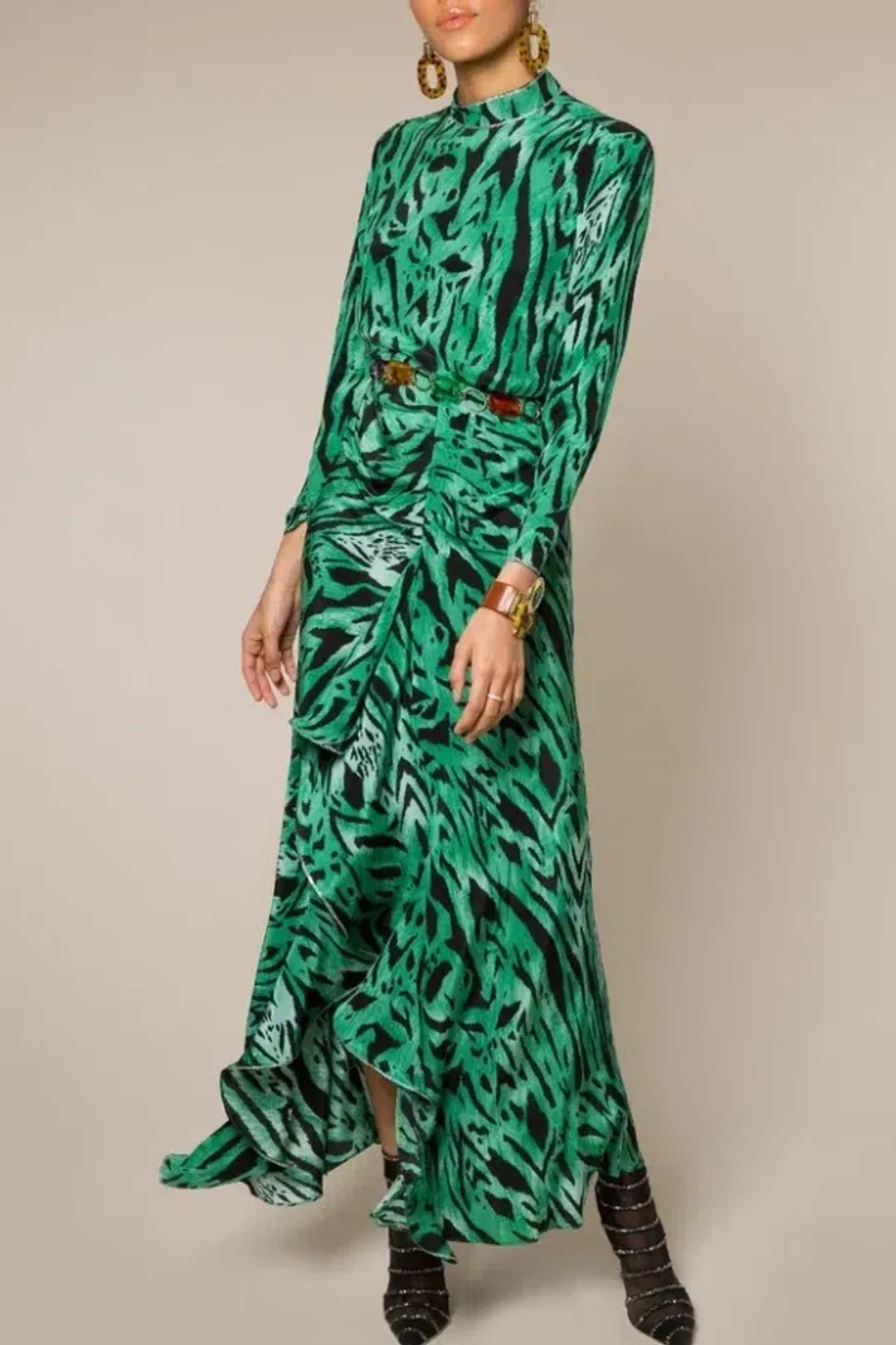 RIXO Lucy Green Tiger Midi Dress Green Size UK 10 for rent on The Volte - main image