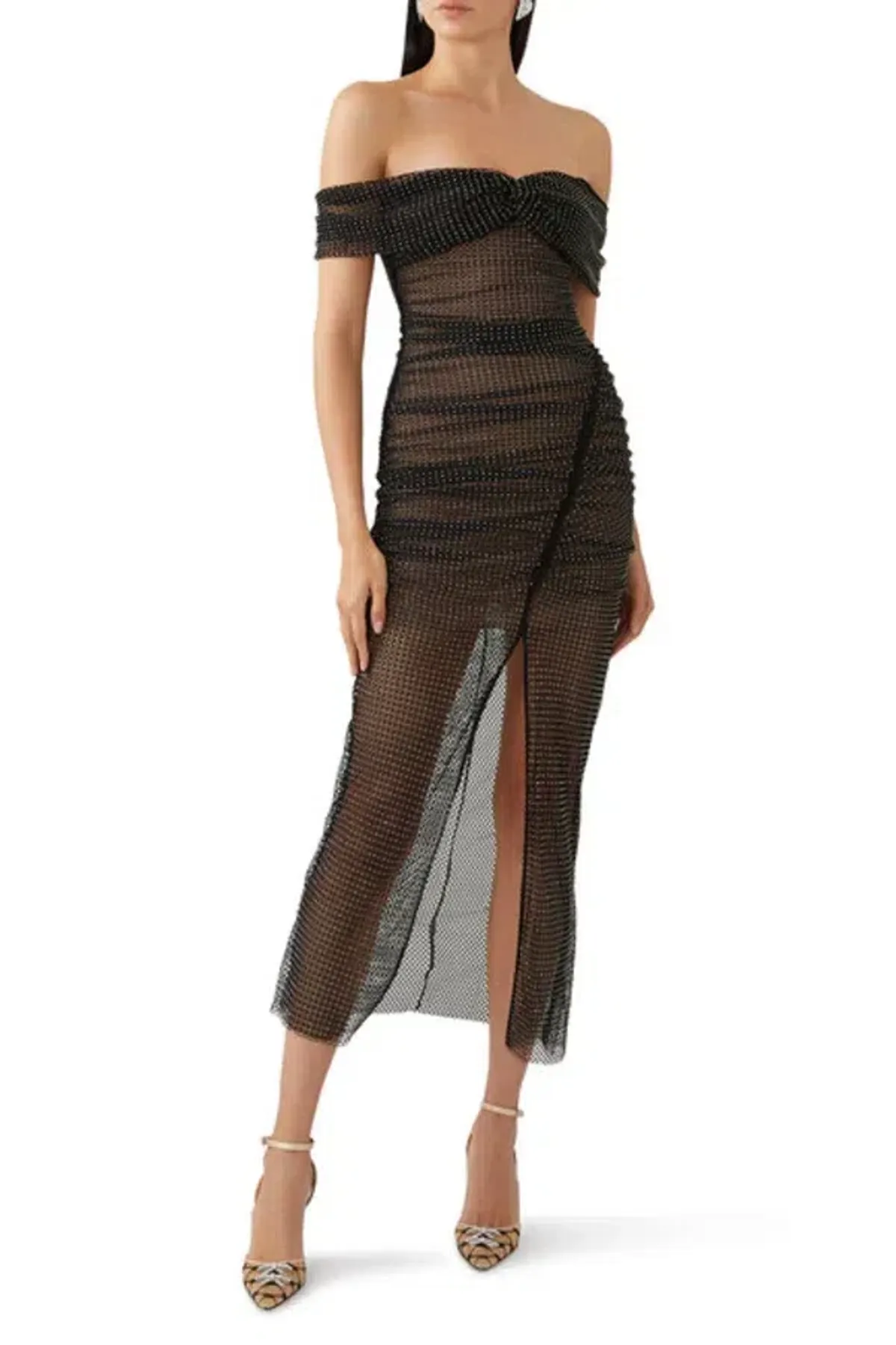 Self-Portrait Fishnet Crystal Off Shoulder Midi Dress Black Size UK 12 - Image 1