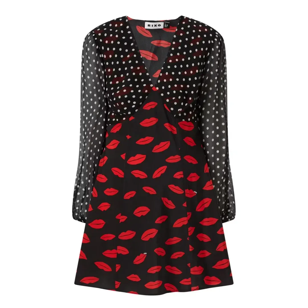 Rixo Lia Lip Mini Dress Kiss Print Size S / UK 10 for rent on The Volte - main image
