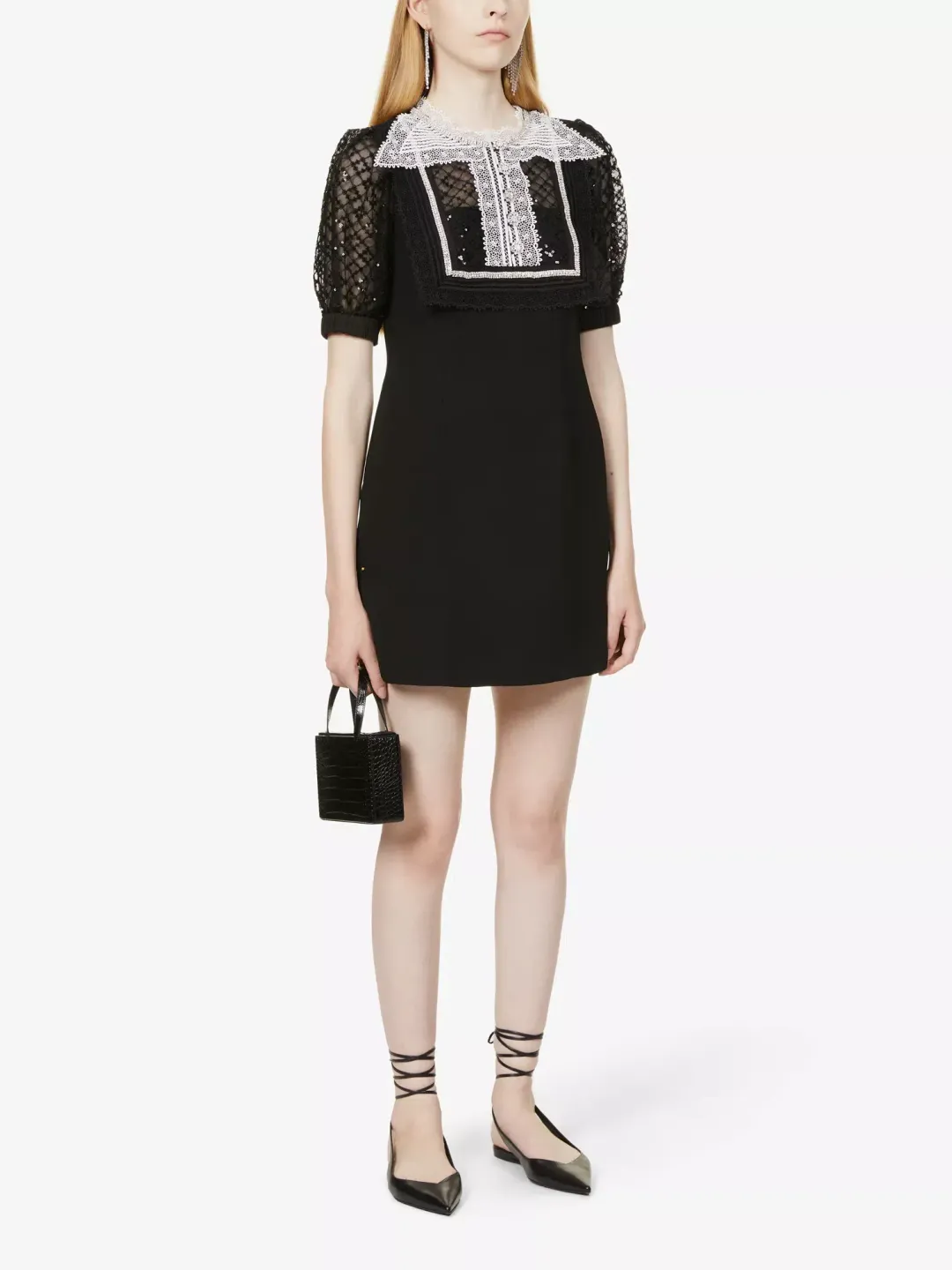 Self Portrait Diamante Bib Front Collared Mini Dress Black Size UK 12 for rent on The Volte - main image