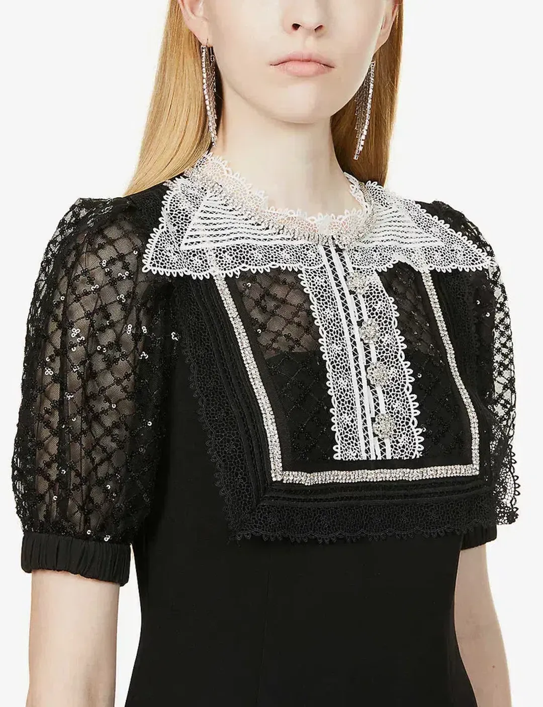 Self Portrait Diamante Bib Front Collared Mini Dress Black Size UK 12 for rent on The Volte - main image