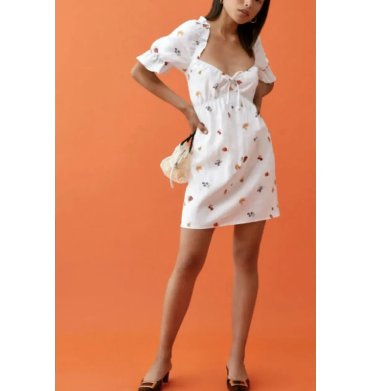 Reformation Channa Fruit Linen Dress Print Size UK 12 for rent on The Volte - main image