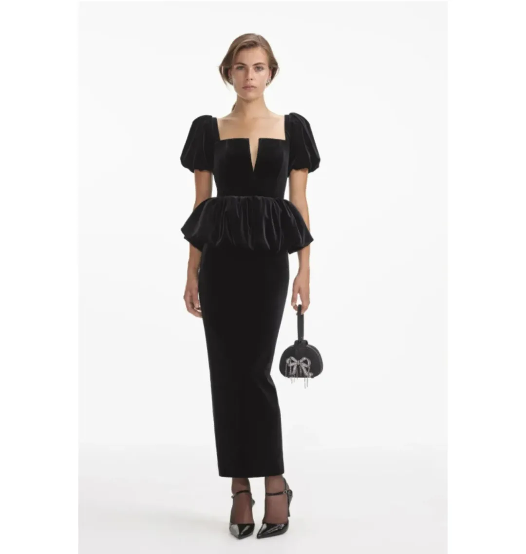 Self Portrait Peplum Velvet Puff Sleeve Dress Black Size UK 10 for rent on The Volte - main image