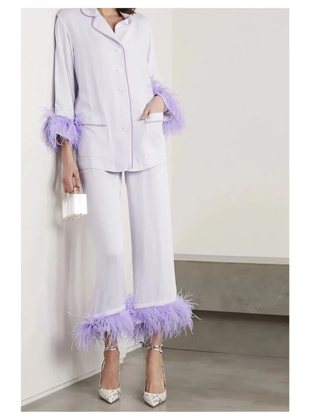 Sleeper Party Double Feather Trimmed Pyjama Set Lilac Size UK 10 for rent on The Volte - main image