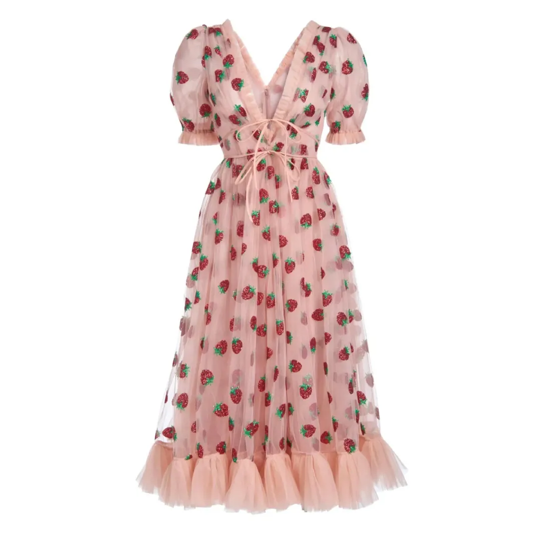 Lirika Matoshi Strawberry Midi Dress Pink Print Size UK 10 for rent on The Volte - main image
