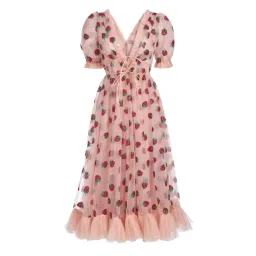 Lirika Matoshi Strawberry Midi Dress Pink Print Size UK 10 for rent on The Volte - image 3