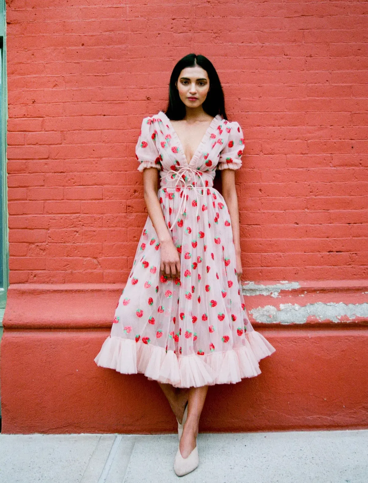 Lirika Matoshi Strawberry Midi Dress Pink Print Size UK 10 for rent on The Volte - main image
