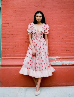 Lirika Matoshi Strawberry Midi Dress Pink Print Size UK 10 for rent on The Volte - image 1