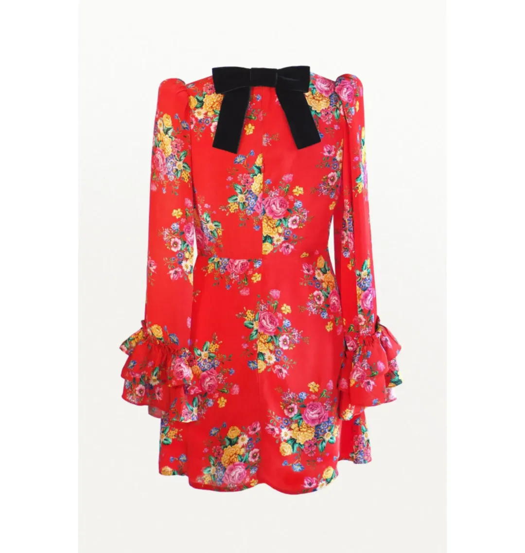 Queens Of Archive Flo Still Life Mini Dress Red Floral Size S / UK 8 for rent on The Volte - main image