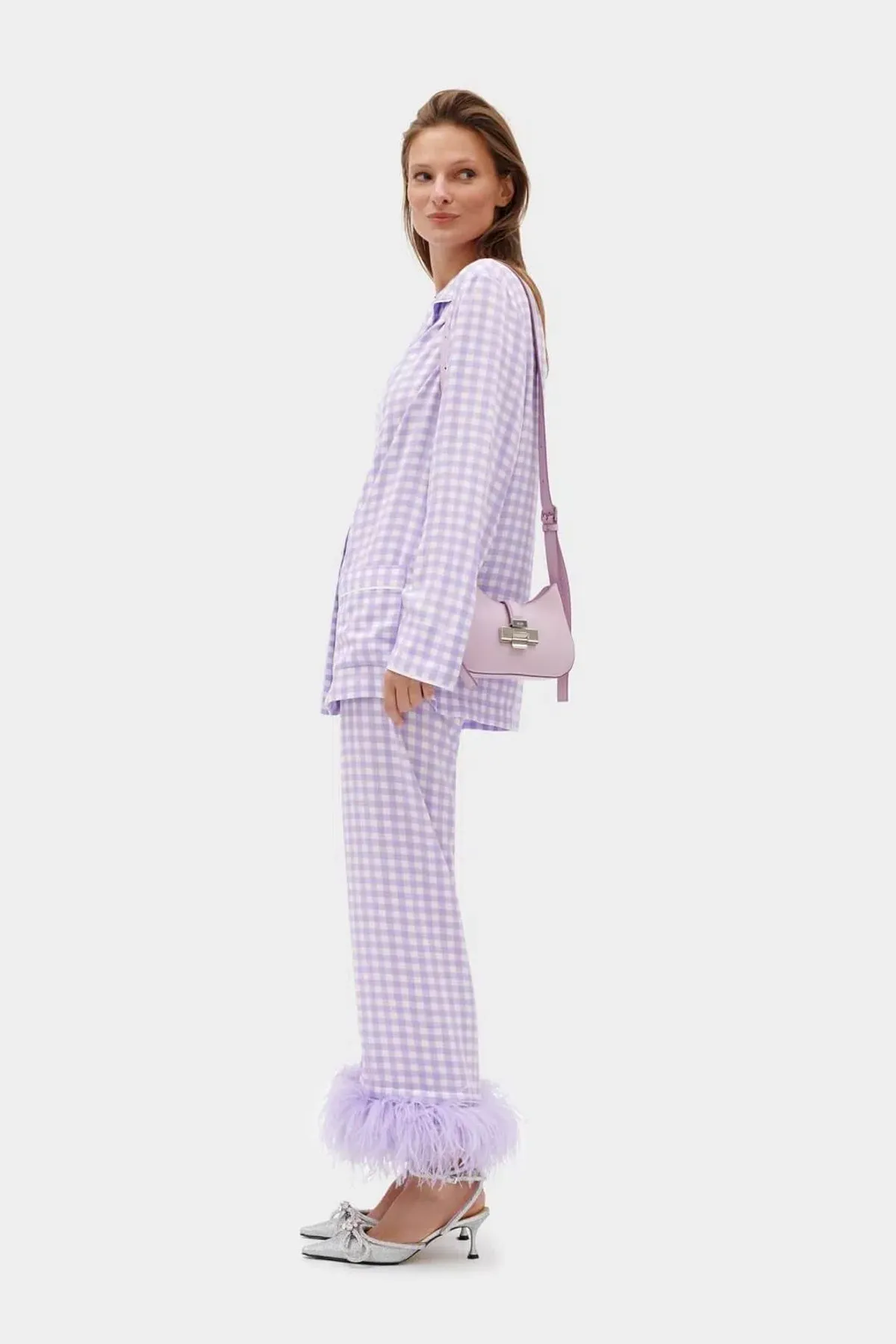 Sleeper Party Gingham Feather Cuff Pajamas Purple Size M / UK 10 - Image 3
