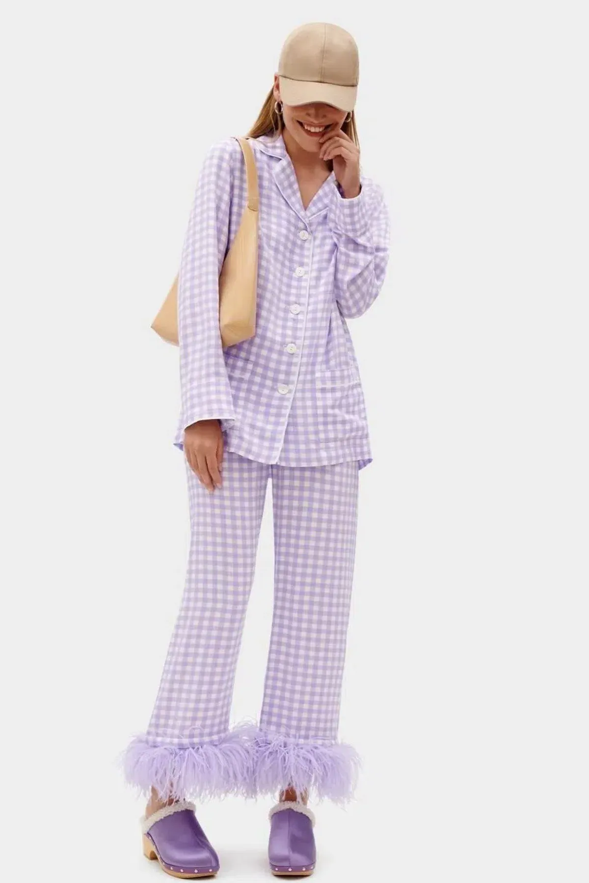 Sleeper Party Gingham Feather Cuff Pajamas Purple Size M / UK 10 - Image 5