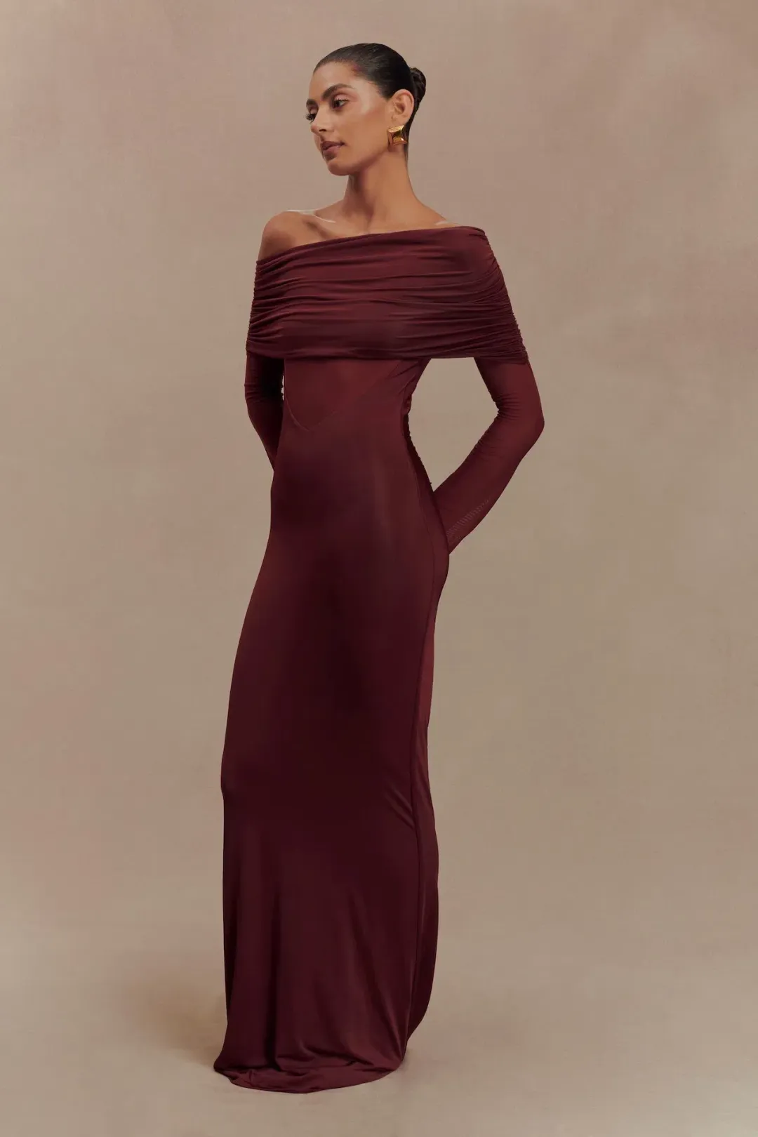 Meshki Kaitlin Slinky and Mesh Maxi Dress Burgundy Size S / UK 8 for rent on The Volte - main image