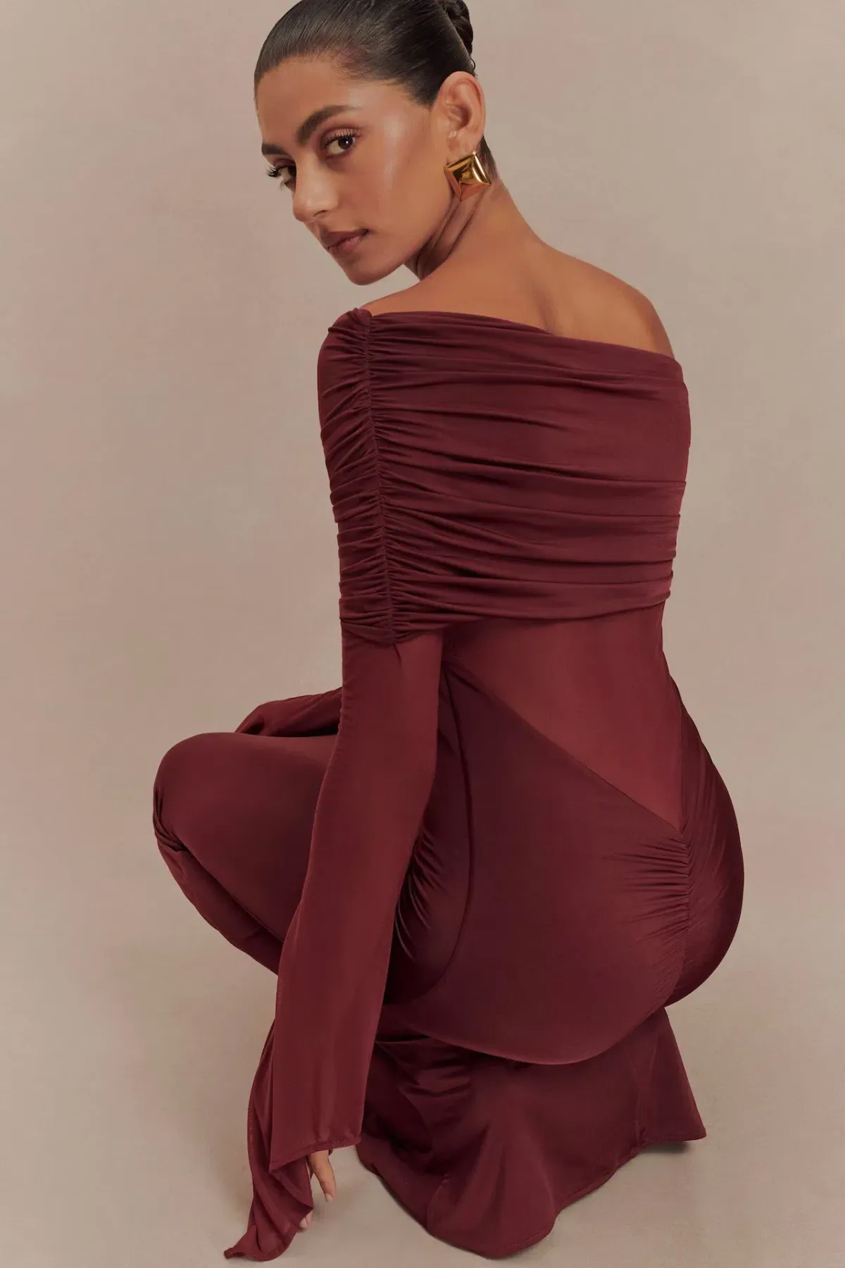 Meshki Kaitlin Slinky and Mesh Maxi Dress Burgundy Size S / UK 8 - Image 4