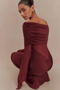 Meshki Kaitlin Slinky and Mesh Maxi Dress Burgundy Size S / UK 8 for rent on The Volte - image 4