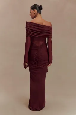 Meshki Kaitlin Slinky and Mesh Maxi Dress Burgundy Size S / UK 8 for rent on The Volte - image 3
