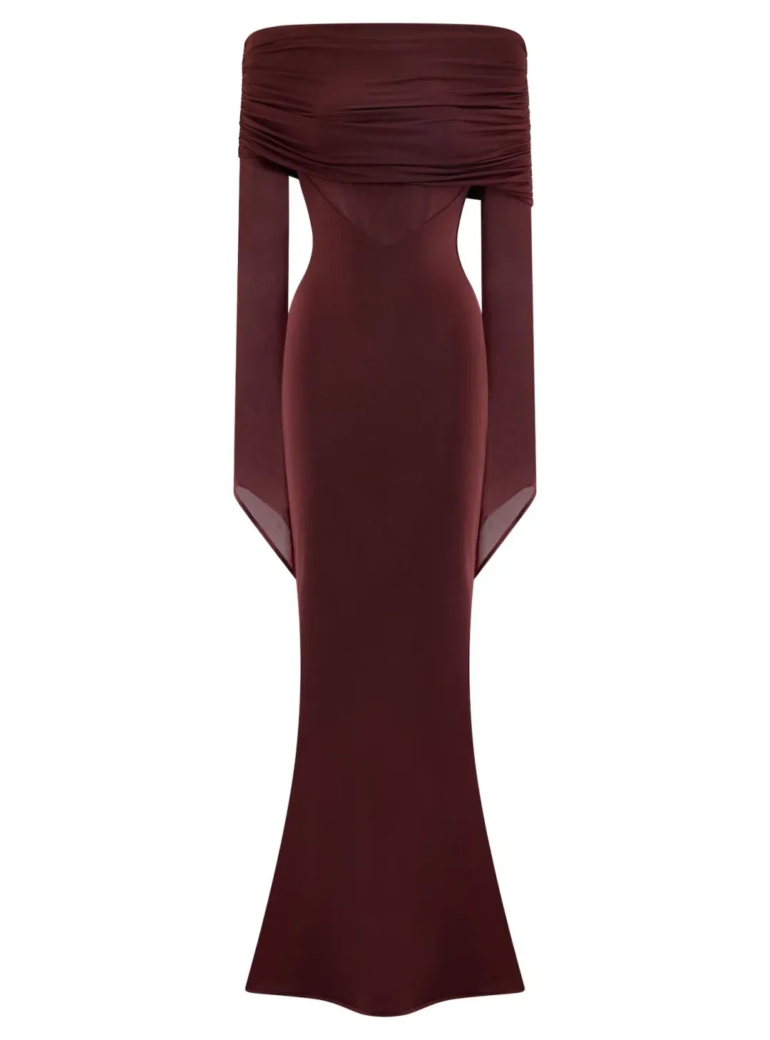 Meshki Kaitlin Slinky and Mesh Maxi Dress Burgundy Size S / UK 8 for rent on The Volte - main image