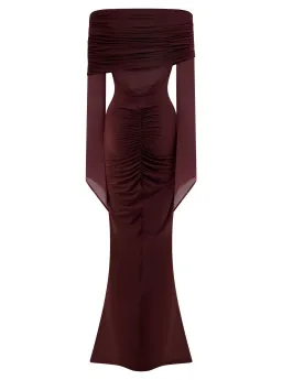 Meshki Kaitlin Slinky and Mesh Maxi Dress Burgundy Size S / UK 8 for rent on The Volte - image 6
