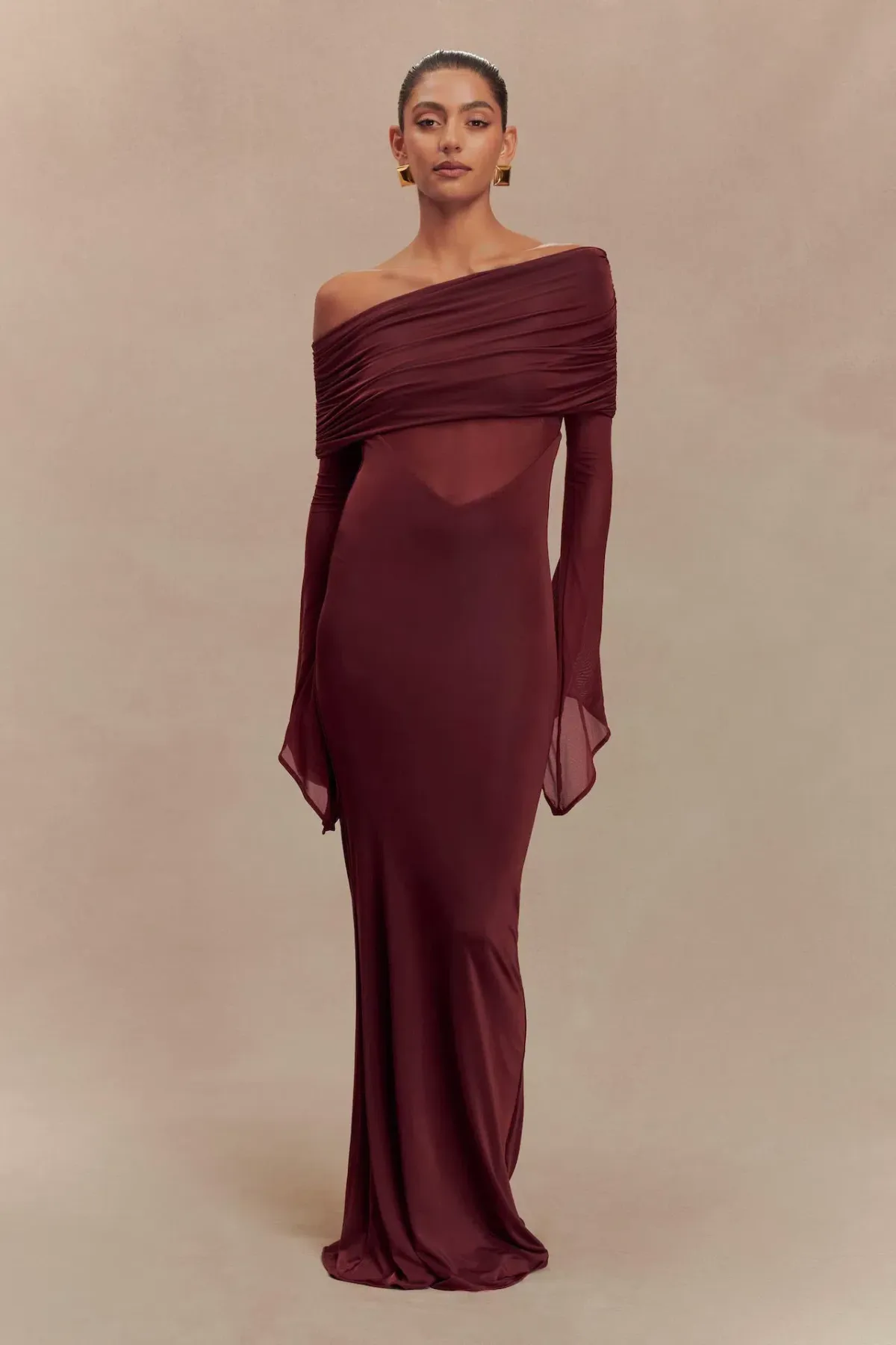 Meshki Kaitlin Slinky and Mesh Maxi Dress Burgundy Size S / UK 8 - Image 1