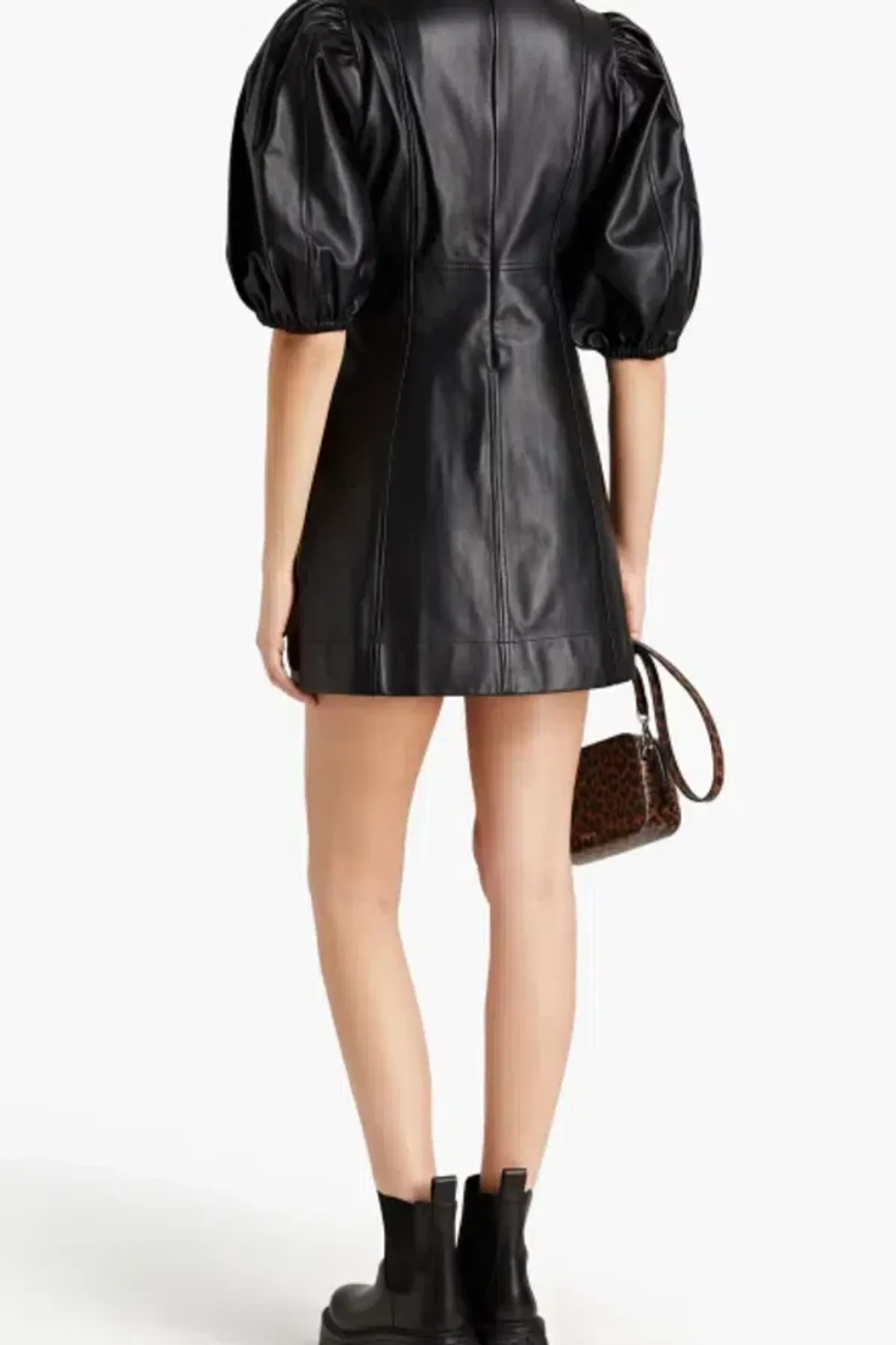 Ganni Leather Mini Dress Black Size UK 12 - Image 3