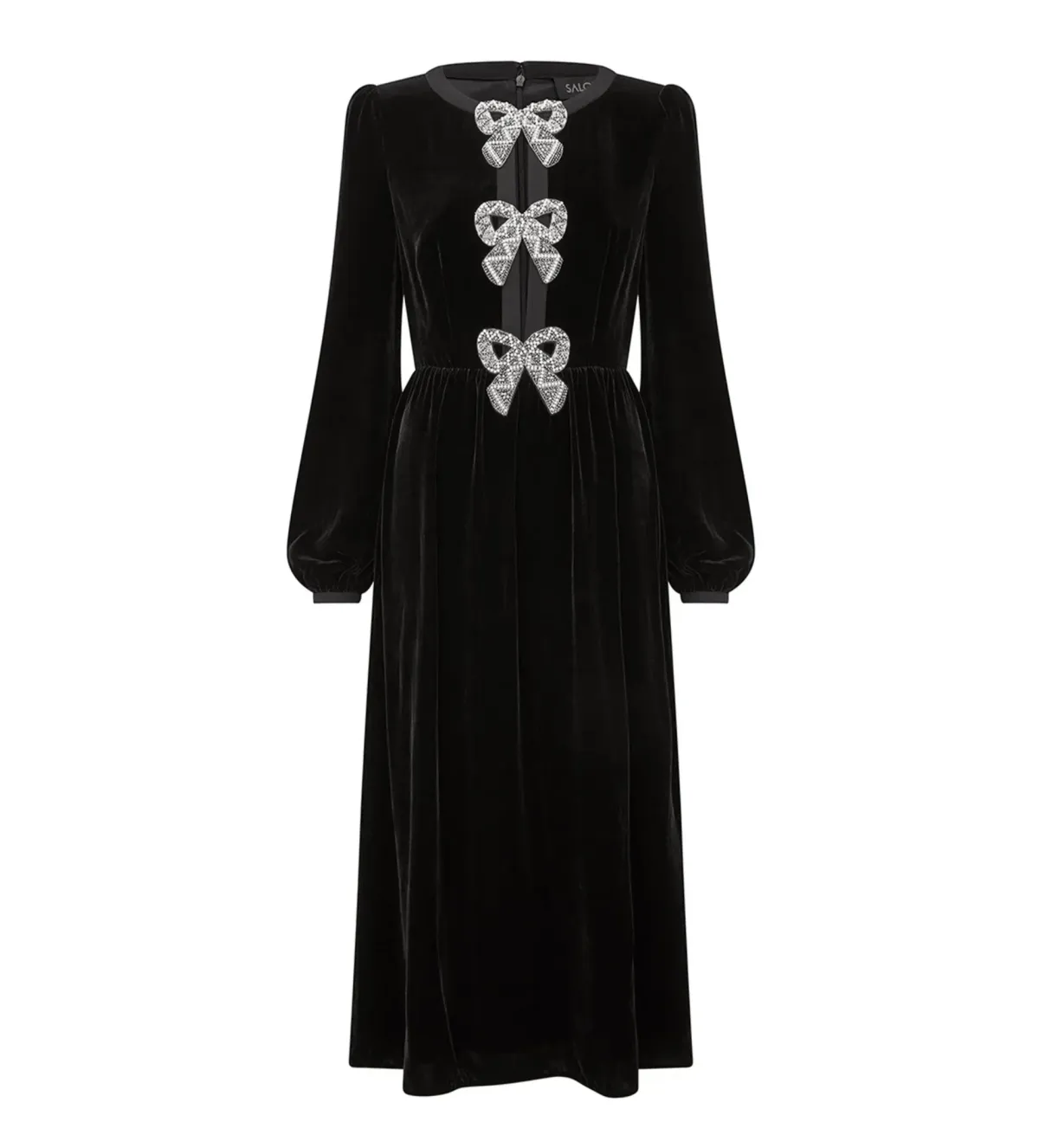Saloni Camille Velvet Embellished Bows Midi Dress Black Size UK 12 - Image 6