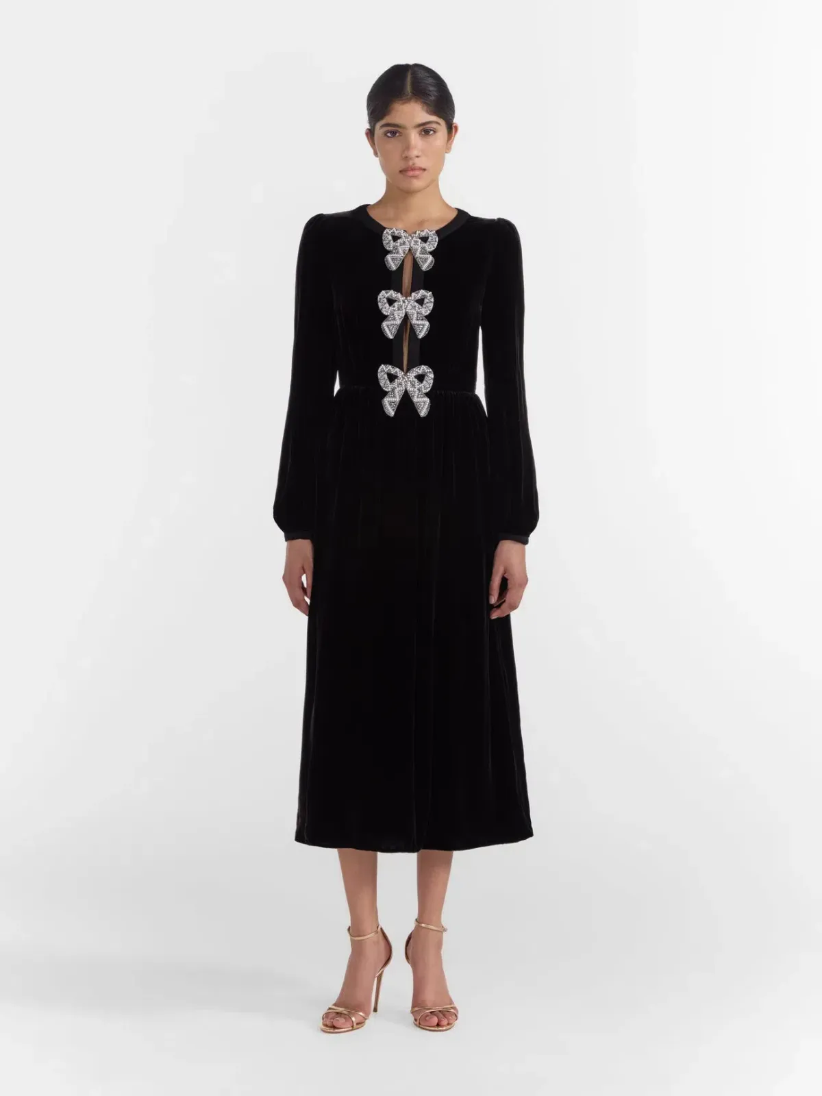 Saloni Camille Velvet Embellished Bows Midi Dress Black Size UK 12 - Image 1