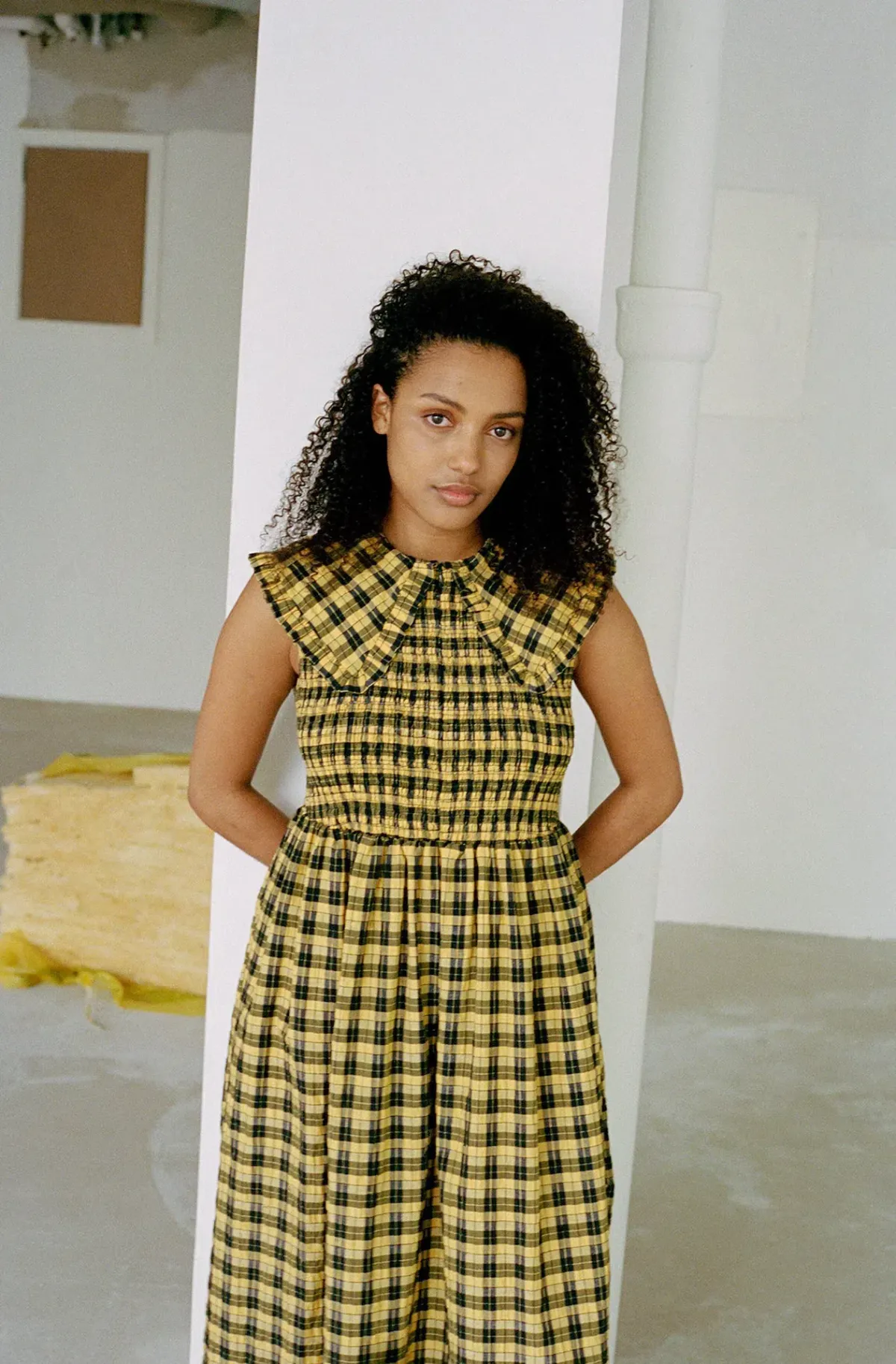 Ganni Seersucker Shirred Midi Dress Yellow Check Print Size UK 10 - Image 2