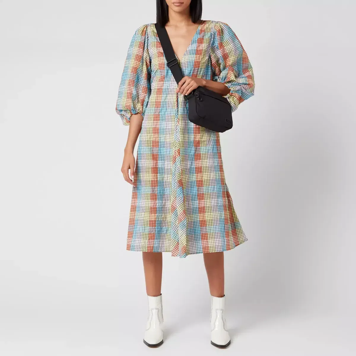 Ganni Seersucker Check Midi Dress Multi Size 38 / UK 10 - Image 3