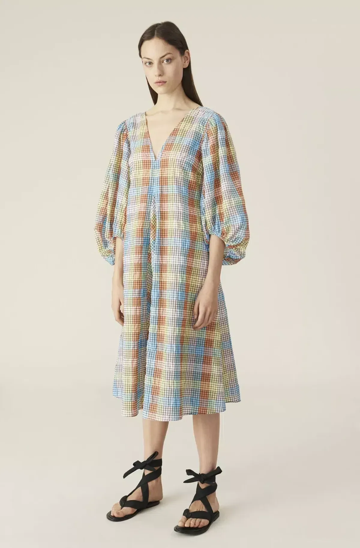 Ganni Seersucker Check Midi Dress Multi Size 38 / UK 10 - Image 1