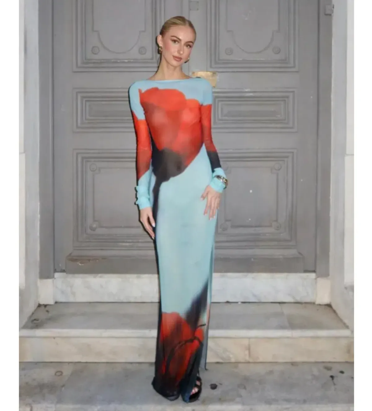 Rat & Boa Santino Sheer Maxi Dress in blue with a fiery red tulip print Size UK 12 - Image 1