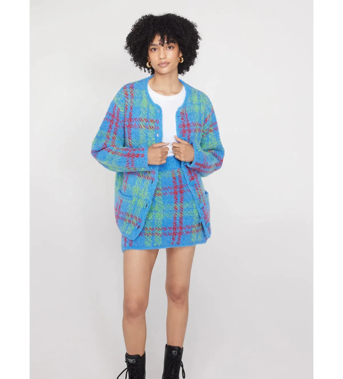 Kitri Susan Boucle Knit Jacket and Mini Skirt Set Blue Check Size UK 12 - Image 2