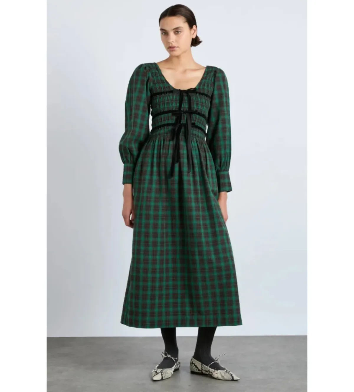 Damson Madder Elle Shirred Midi Dress Green Size 10 - Image 1