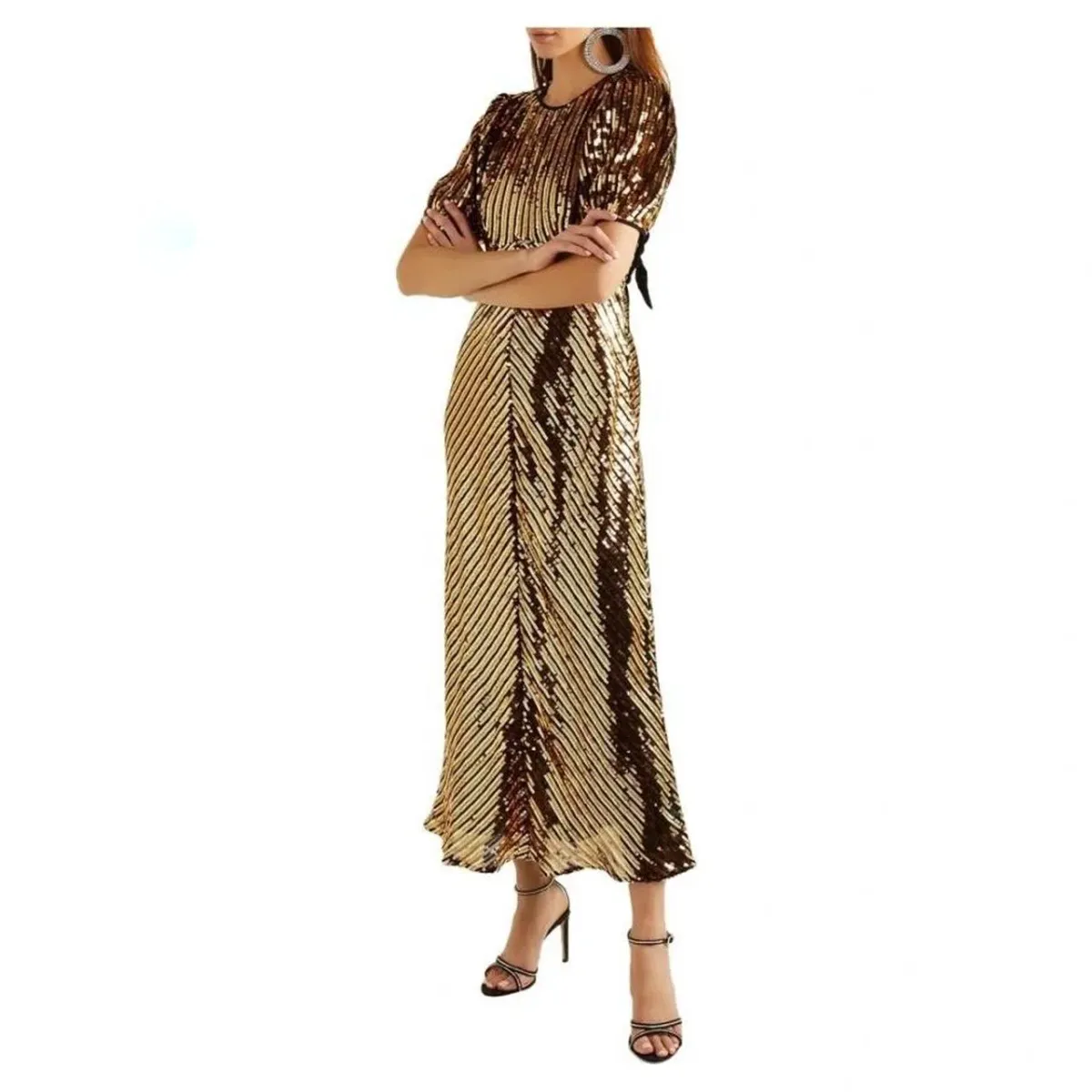 RIXO Gold Sequin Daisy Midi Dress Size UK 12 - Image 1