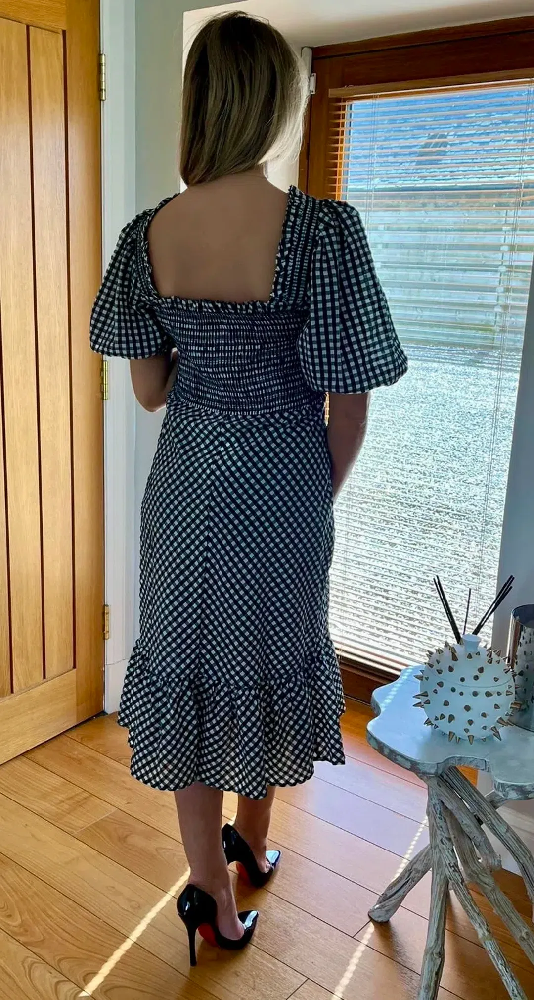 Ganni Gingham Smocked Midi Dress Black & White Size UK 18 for rent on The Volte - main image