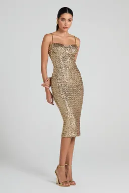 Nadine Merabi Nina Gold Midi Dress Size UK 12 for rent on The Volte - image 2