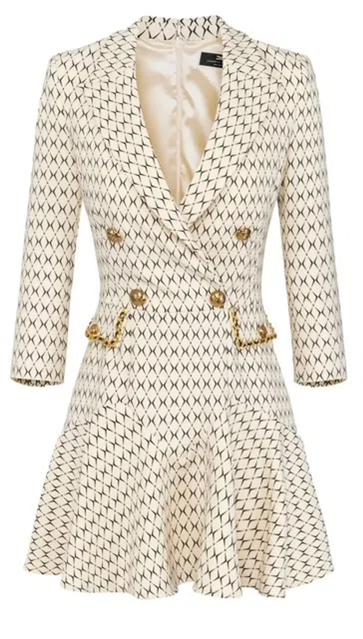 Elisabetta Franchi Cream Mini Coat Dress Trimmed With Gold Chain and Leather Size UK 10 - Image 4