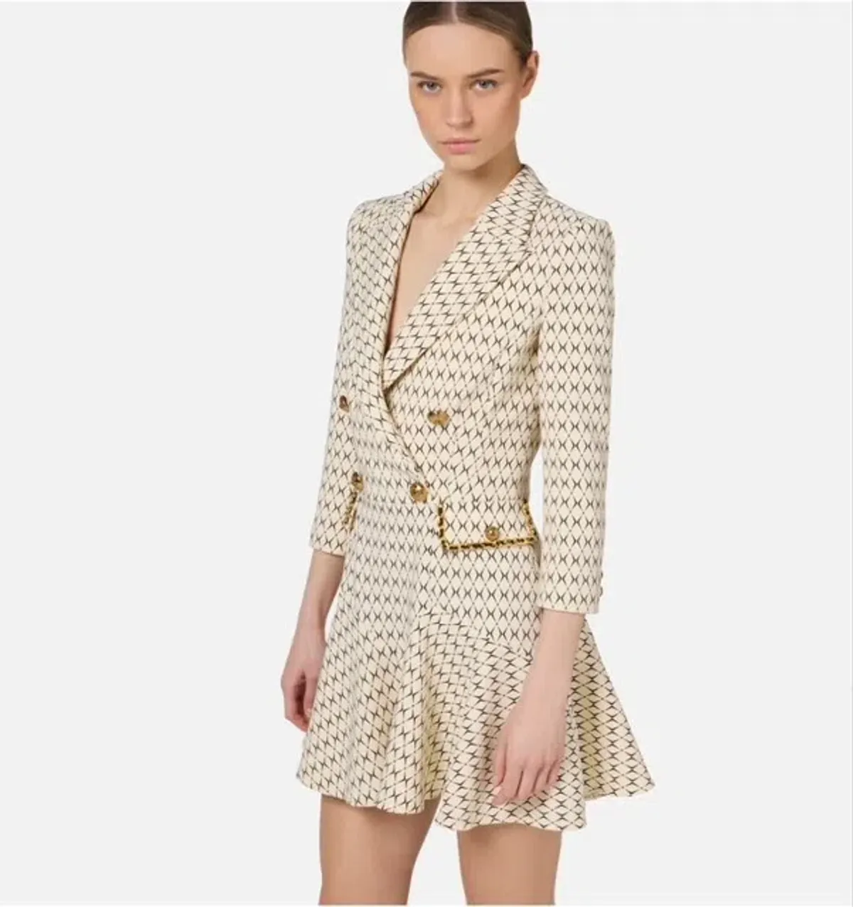 Elisabetta Franchi Cream Mini Coat Dress Trimmed With Gold Chain and Leather Size UK 10 - Image 2