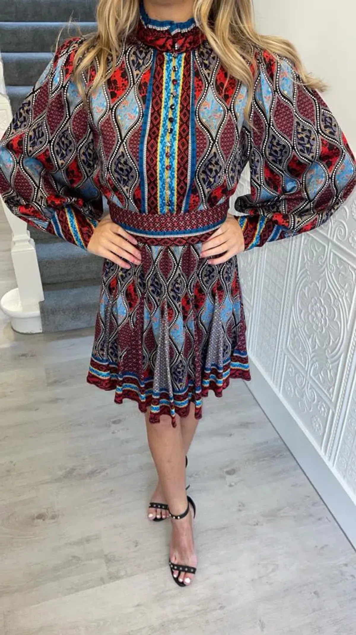 Alice and Olivia Mina Button Front Godet Mini Dress Multicolor Size UK 12 - Image 3